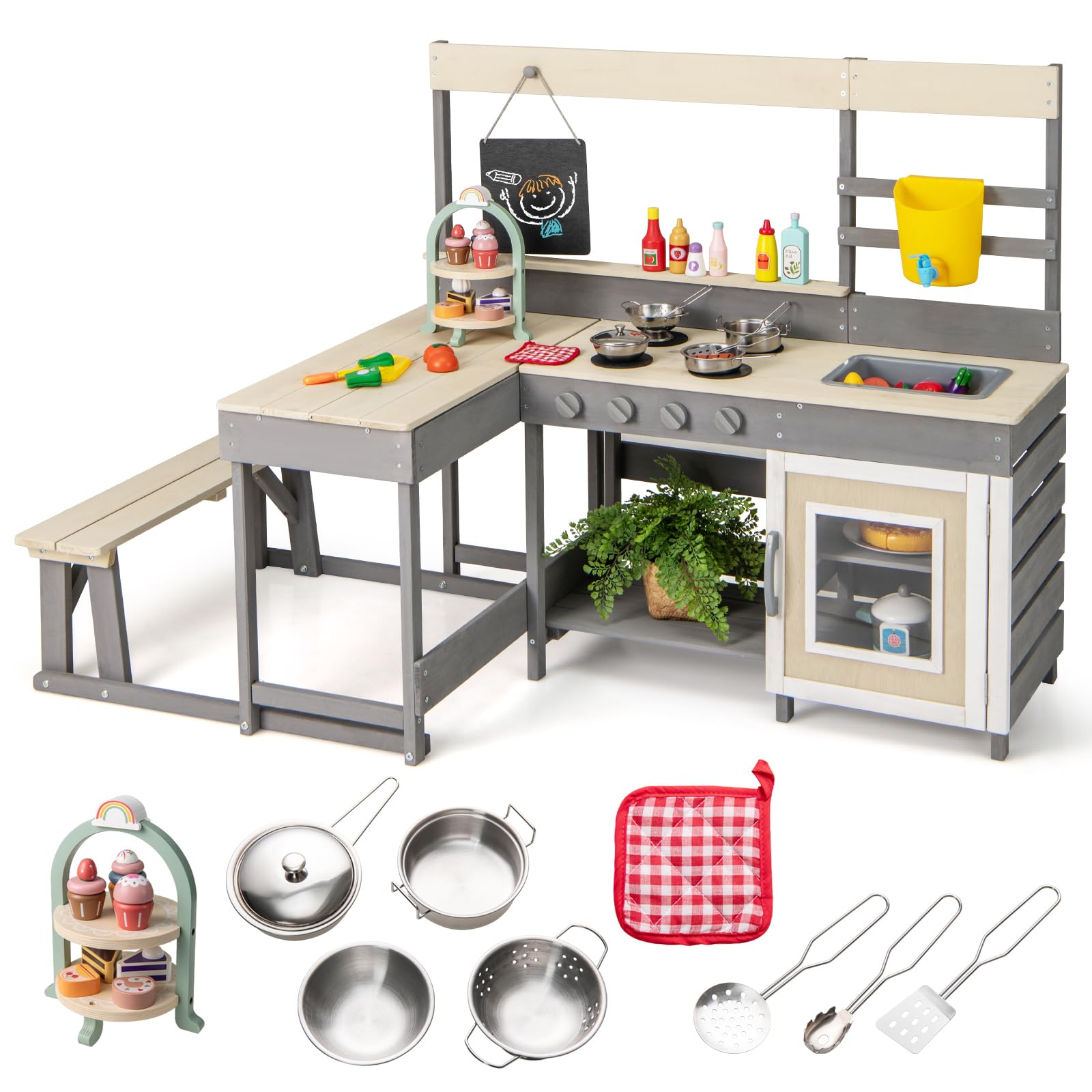 Outdoor Play Kitchen with Faucet Chalkboard Stoves Removable Sink Cooking Accessories