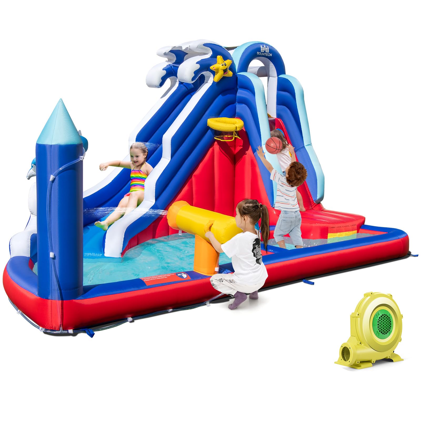 Inflatable Water Slide, Dolphin Theme Kids Bounce House Water Park w/Long Slide