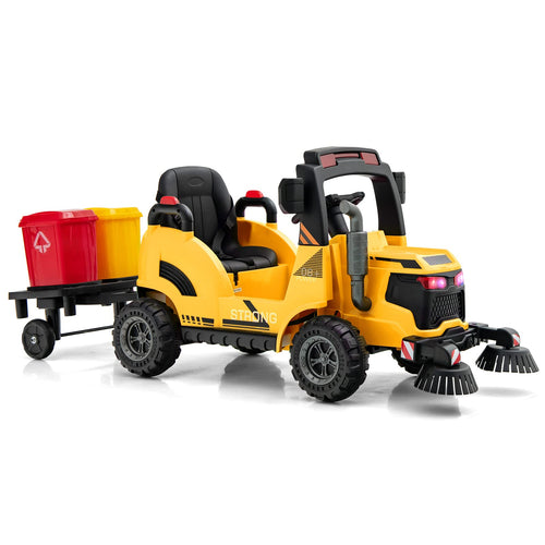 Kids Electric Ride-On Car, 12V Street Sweeper Truck w/2 Rotating Brushes & 2 Removable Rubbish Bins