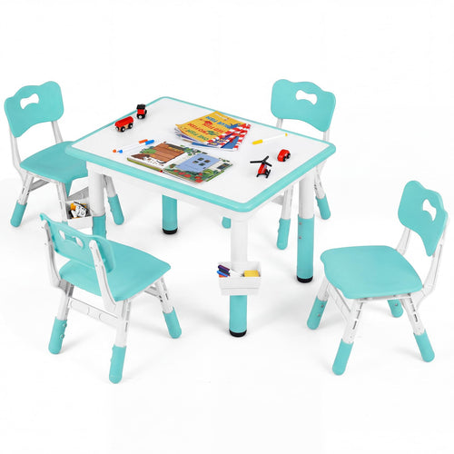 Kids Table and 4 Chairs Set, Height Adjustable Children Activity Desk with Graffiti Desktop 2 Storage Boxes