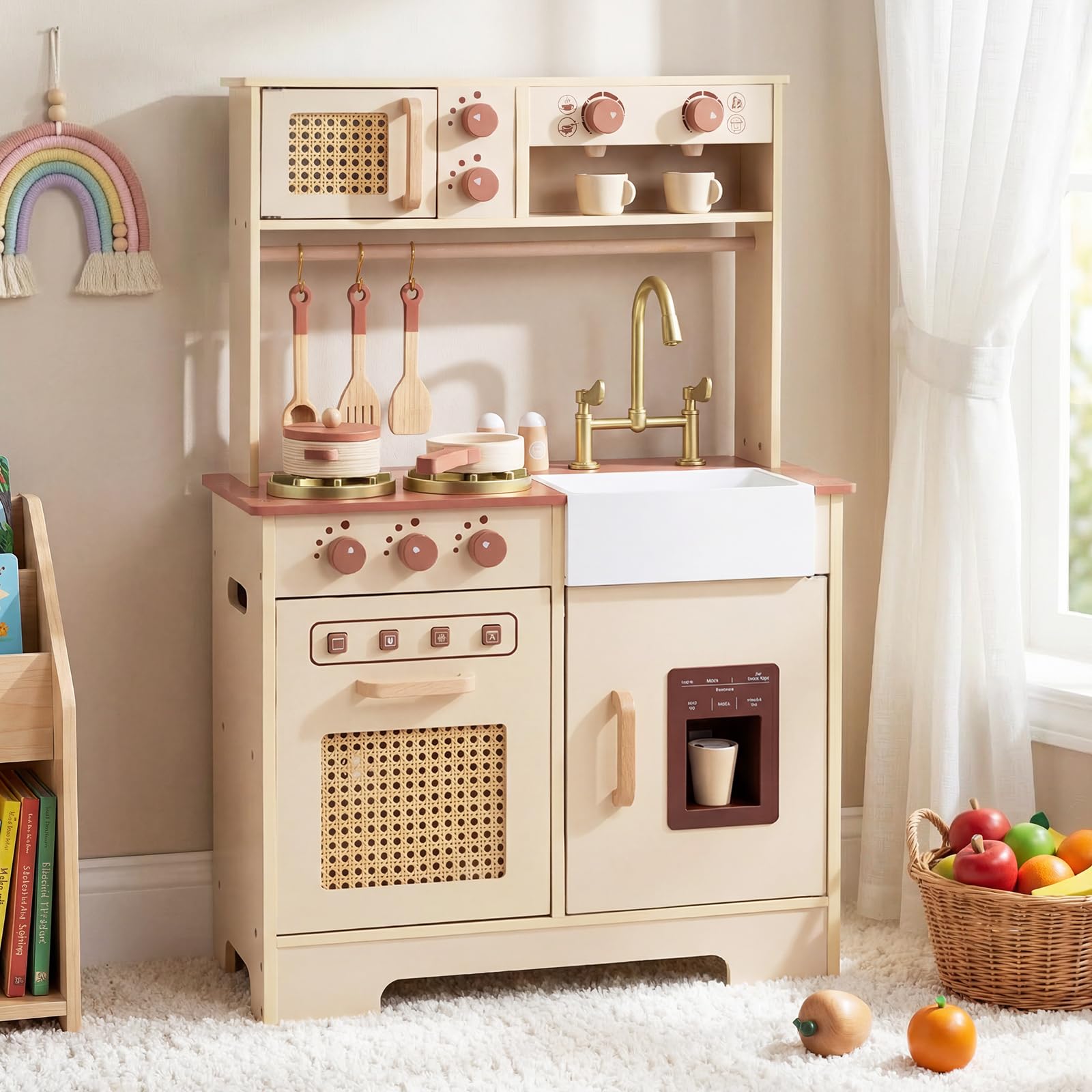 Play Kitchen, Wooden Kids Cooking Toy with Realistic Lights Sounds