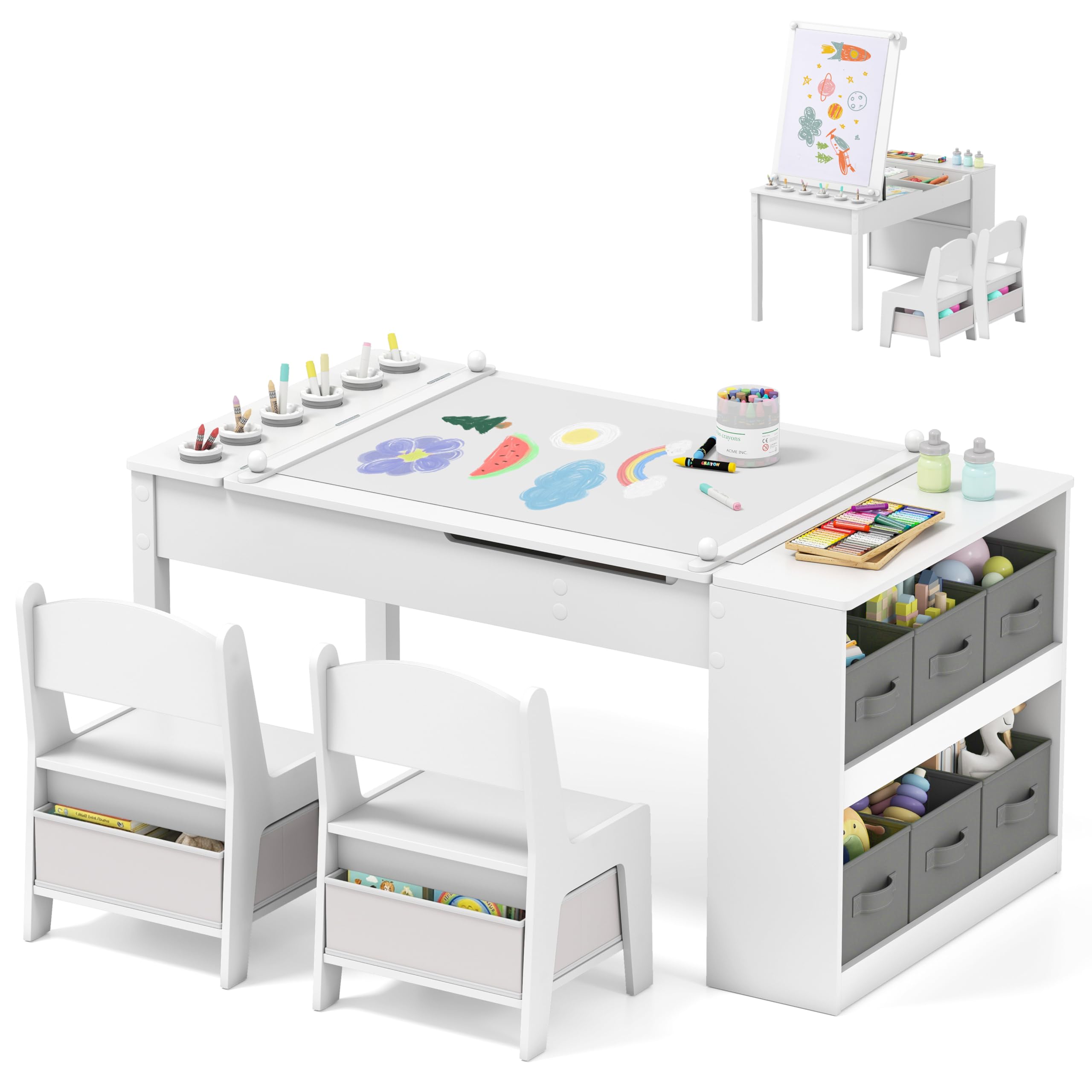 Toddler Art Craft Play Wood Activity Desk with 2 Chairs 4 Storage Canvas Bins Paper Roll for Writing Drawing