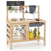 Mud Kitchen for Kids Outdoor, Wooden Toddler Play Kitchen with 12 Plant Pots, Faucet, Stoves