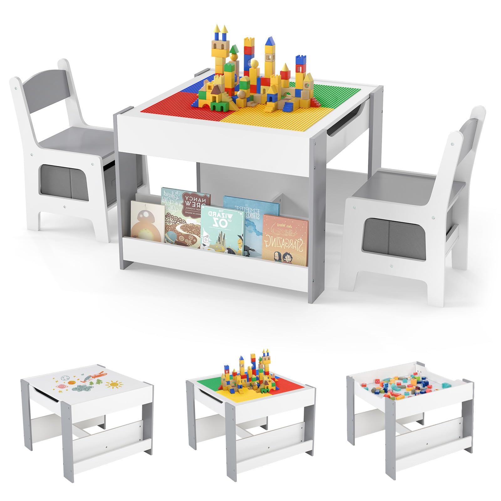 Kids Table and Chair Set, 4 in 1 Building Block Wooden Activity Desk with Reversible Tabletop Storage Drawers