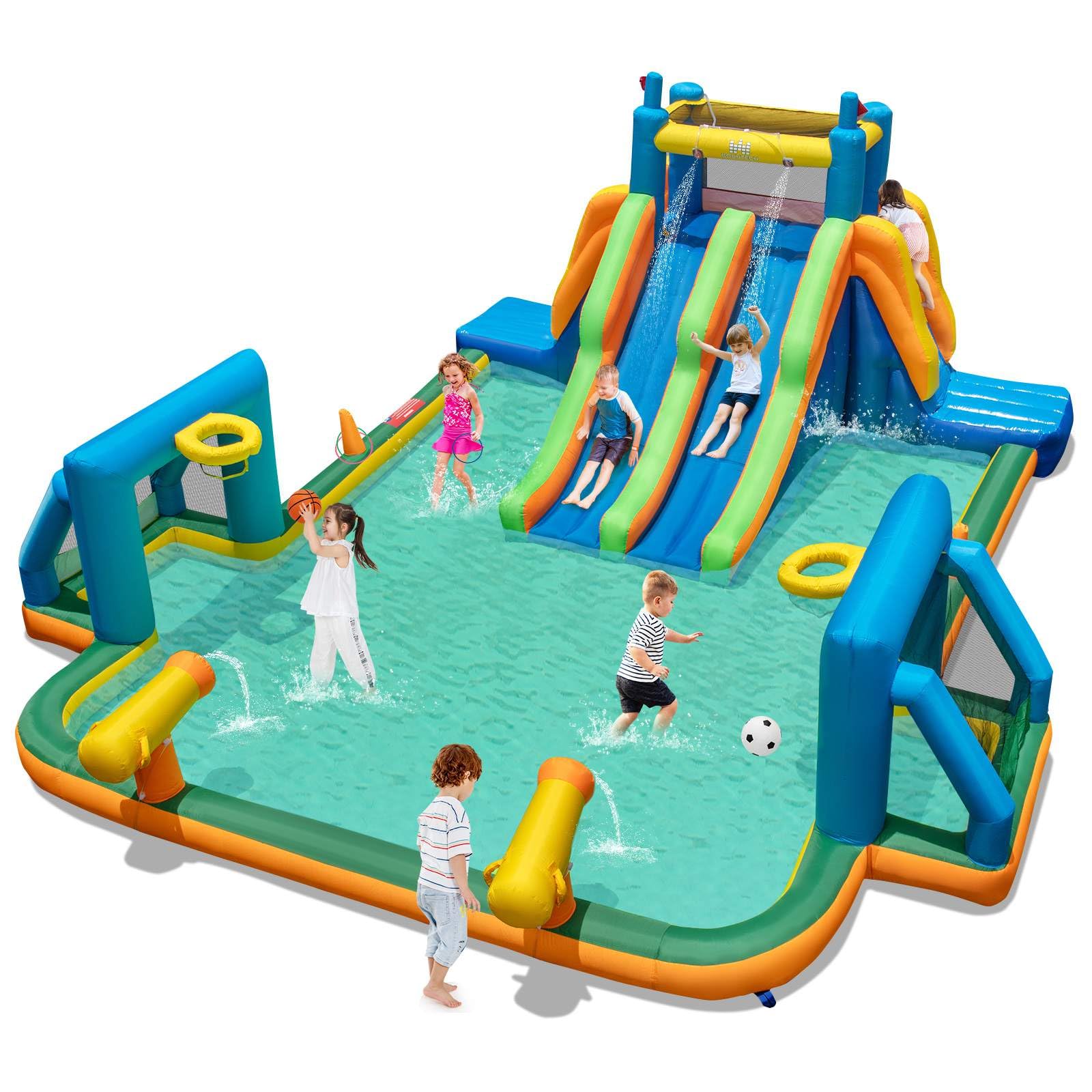 Inflatable Water Slide, Kids Blow up Water Park w/2 Long Slides, Climbing Walls, Splash Pool