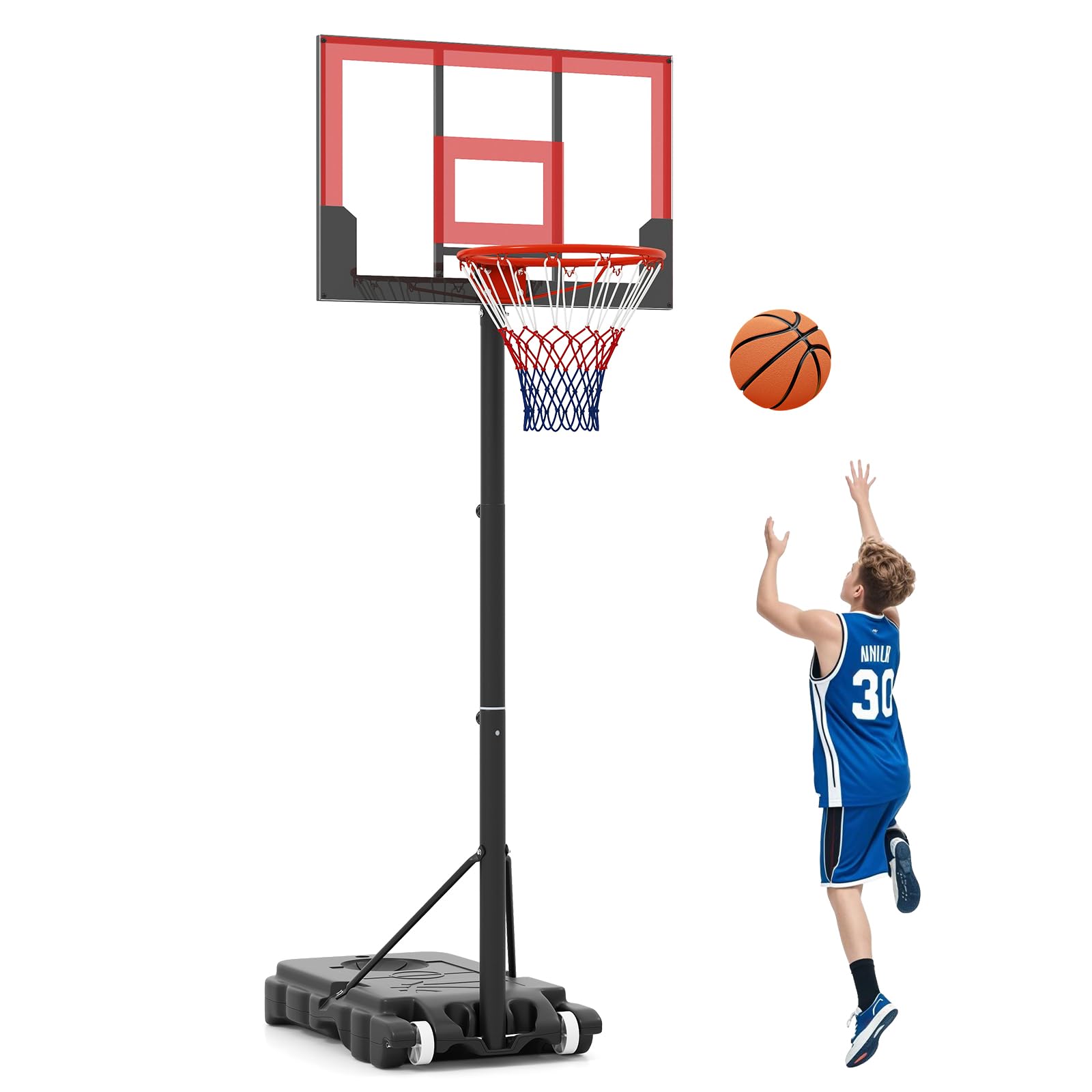 OLAKIDS Basketball Hoop Outdoor Portable 1.4-2.5m Height Adjustable Goal System with Wheels Shatterproof Backboard