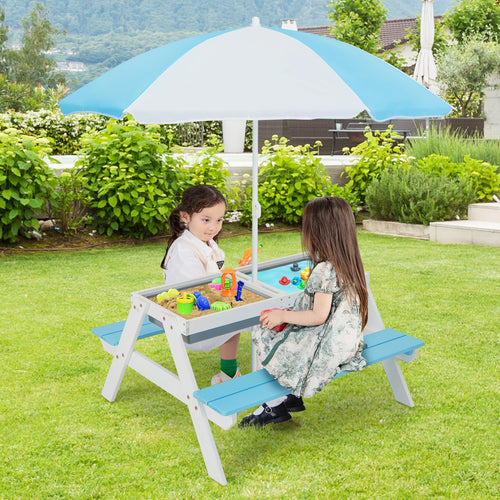 Kids Picnic Table, 3-in-1 Wooden Table & Bench Set w/Removable & Foldable Umbrella for Backyard, Garden