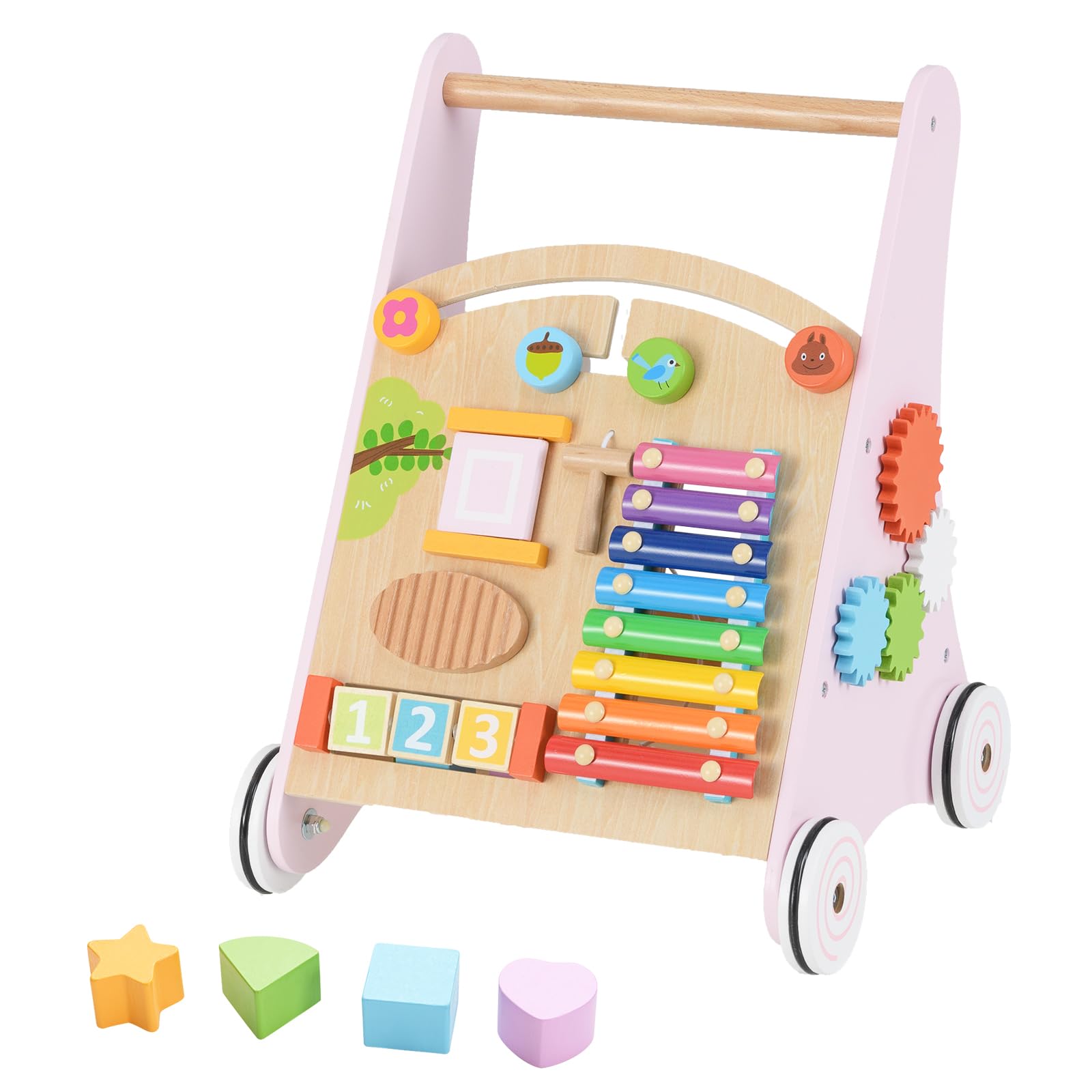 INFANS Wooden Baby Walker, Montessori Walker with Multiple Activity Toys