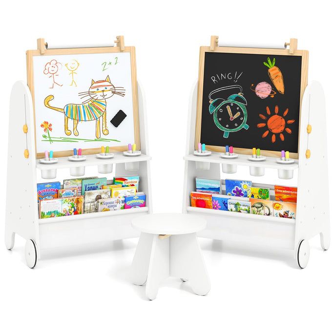 INFANS Easel for Kids with Stool, 4-in-1 Double-Sided Adjustable Magnetic Chalkboard with Paper Roll