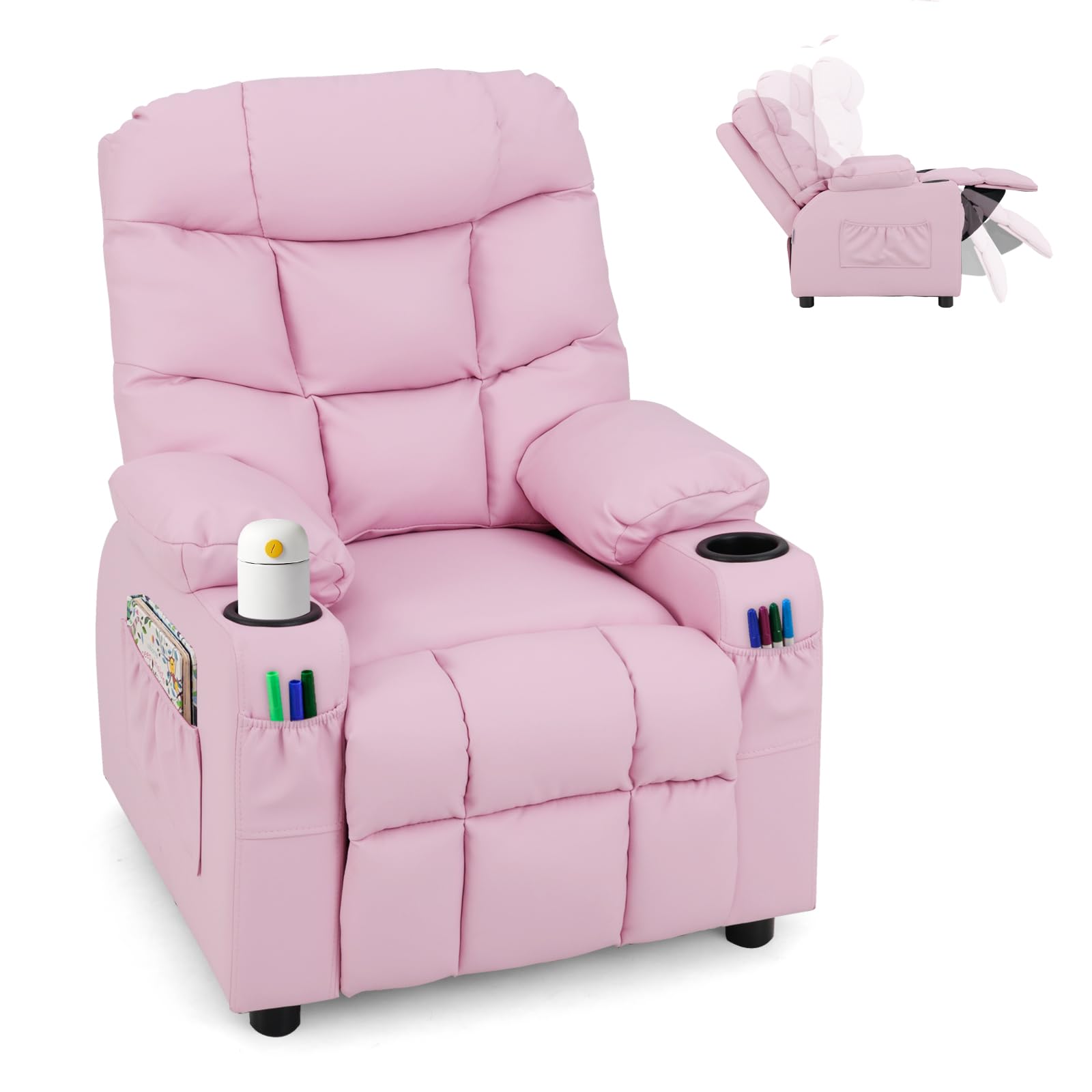 Kids PU Leather Recliner with Cup Holder and Footrest