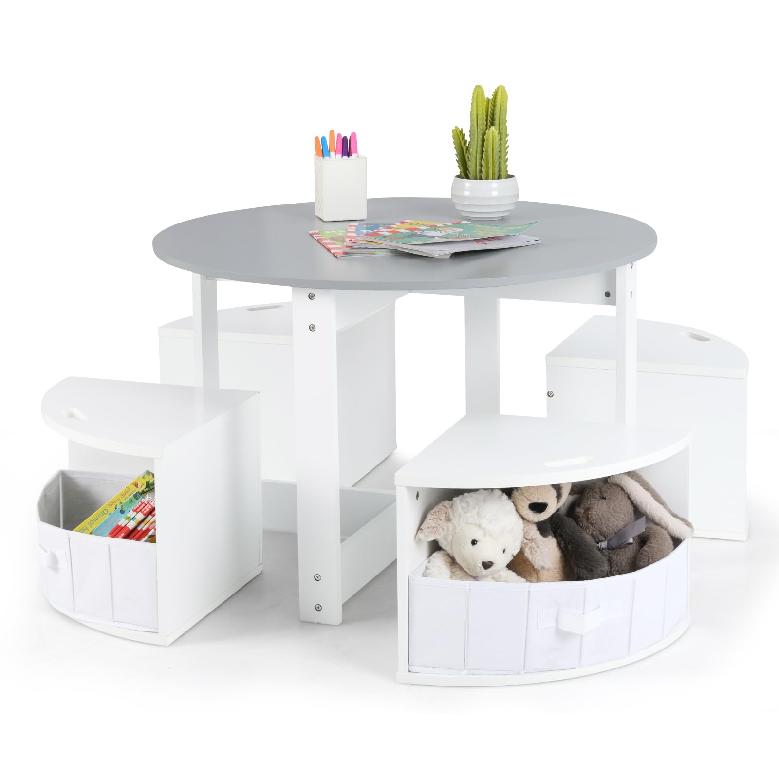 Toddler Table and Chair Set with 4 Storage Stools, Wooden Flower Shaped Nesting Table Blackboard Drawers