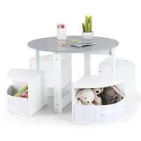 Toddler Table and Chair Set with 4 Storage Stools, Wooden Flower Shaped Nesting Table Blackboard Drawers