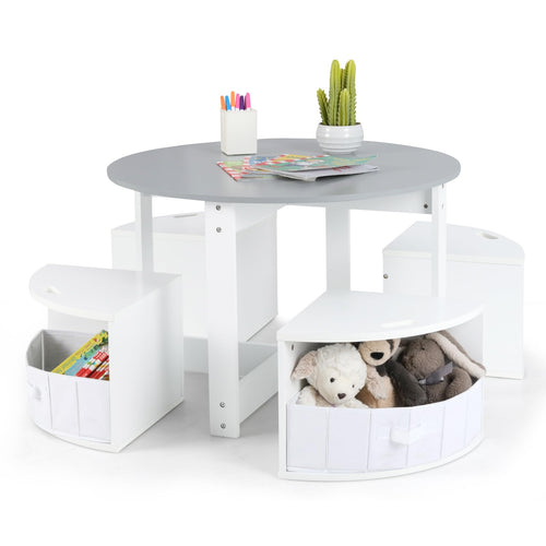 Toddler Table and Chair Set with 4 Storage Stools, Wooden Flower Shaped Nesting Table Blackboard Drawers