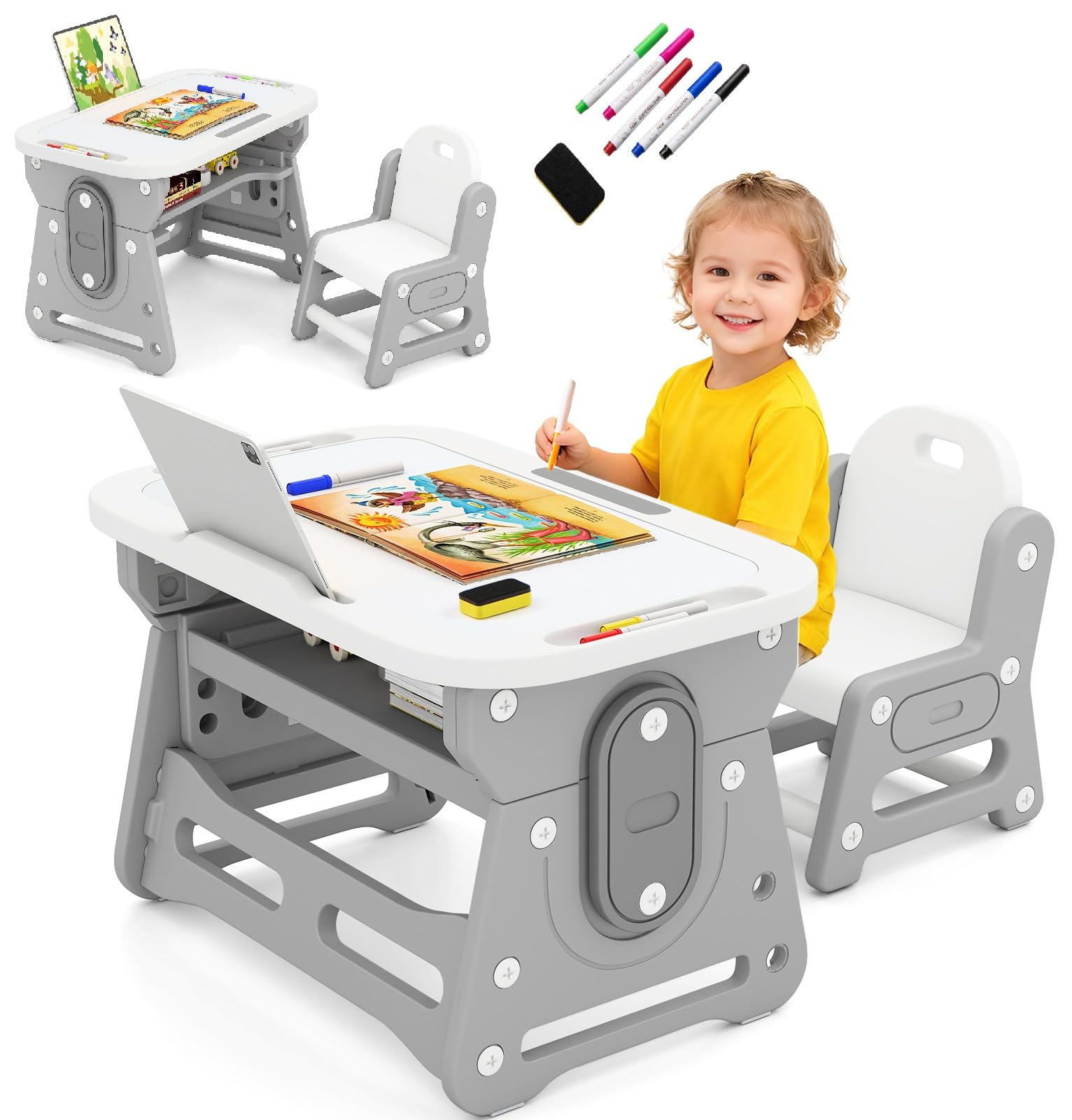 INFANS Kids Adjustable Table & Chair Set with Drawing Board for 3+