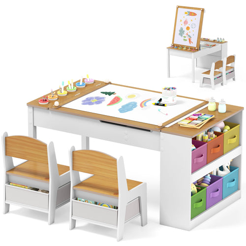 Toddler Art Craft Play Wood Activity Desk with 2 Chairs 4 Storage Canvas Bins Paper Roll for Writing Drawing