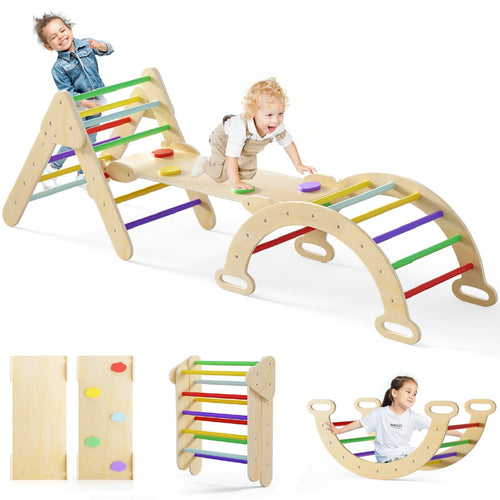 Pikler Triangle Set 7 in 1 Climbing Toys for Toddlers 1-3 Inside Foldable Wood Montessori Jungle Gym