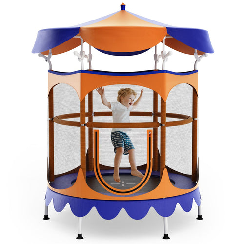 5Ft Trampoline for Kids, 60" Carousel Toddler Trampoline with Detachable Shade Cover for Boys Girls Aged 3-6 Gift