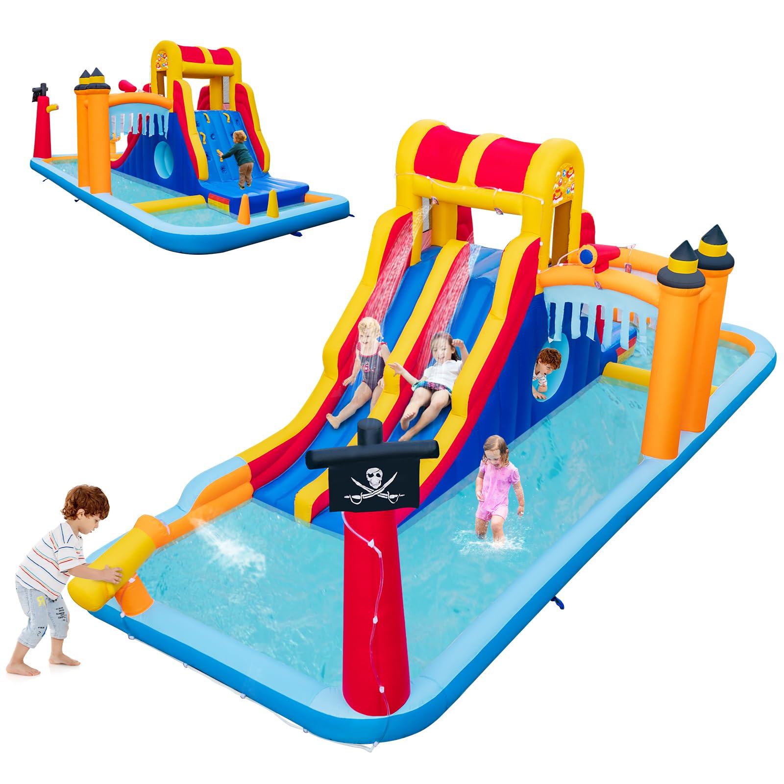 Inflatable Water Slide, 6-in-1 Water Park w/Dual Slides, Climbing Wall, Water Cannon
