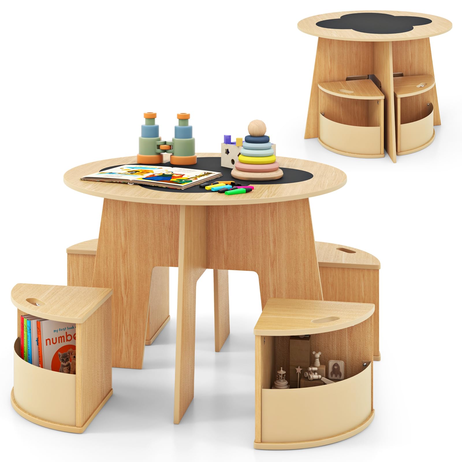 INFANS Toddler Table and Chair Set with 4 Storage Stools