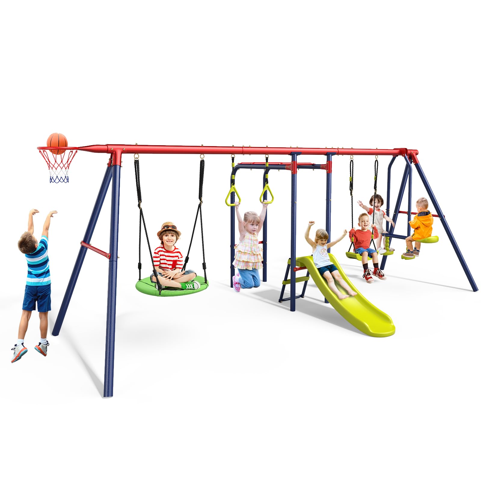 OLAKIDS 660lbs Swing Set, Outdoor A-Frame Heavy Duty Metal Swing Stand with Monkey Bar for Kids