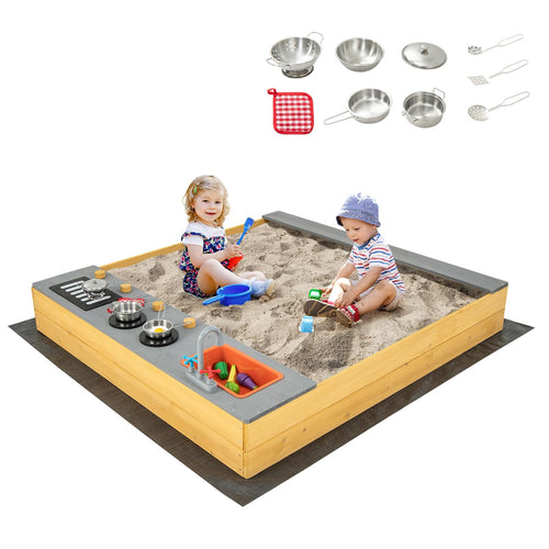 Wooden Sandbox, Kids Sand Pit with Kitchen Playset Accessories and Built-in Bench Seat