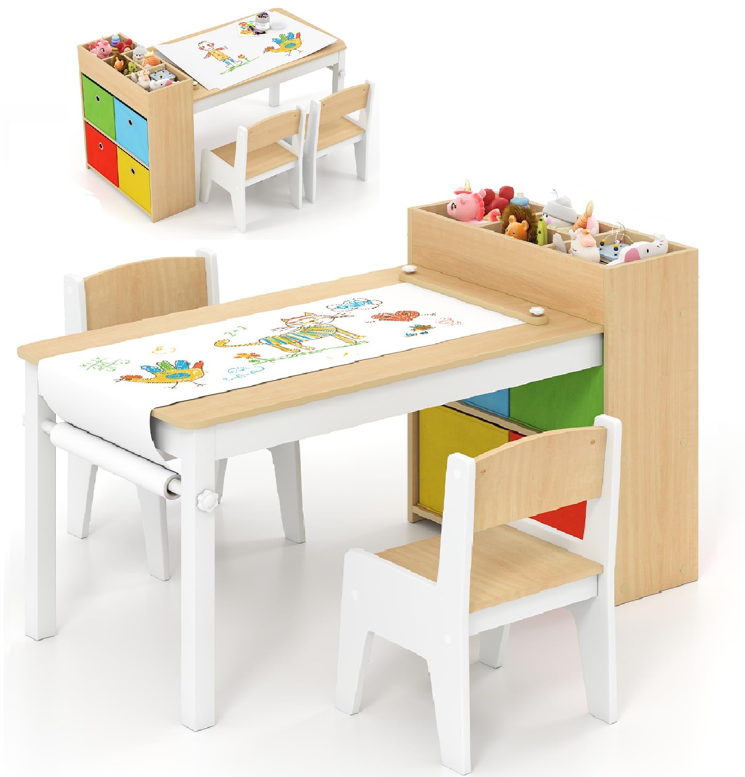 INFANS Kids Table and Chair Set, Toddler Art Craft Play Wood Activity Desk with 2 Chairs