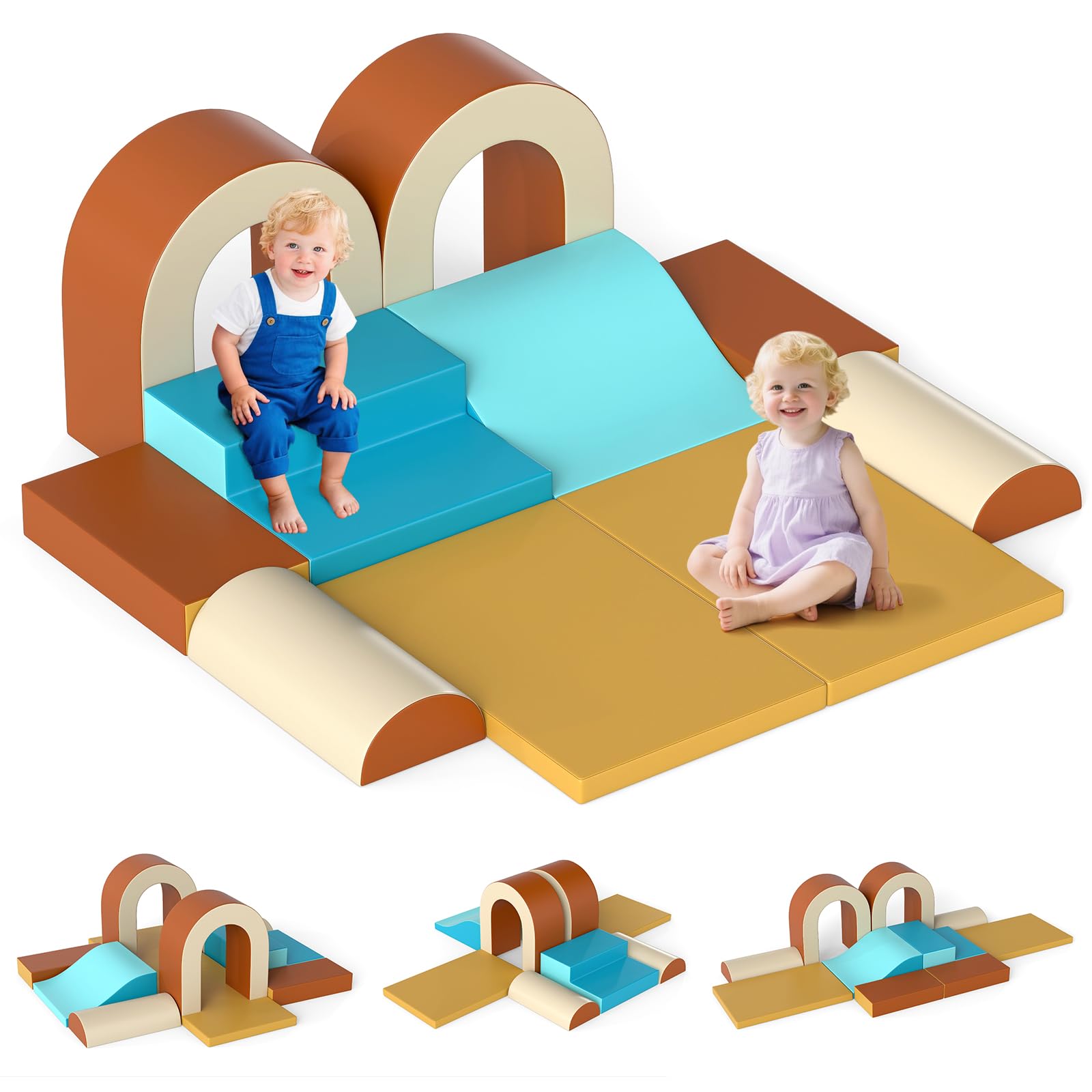 OLAKIDS Toddler Climbing Toys Indoor, 10 Pieces Baby Foam Blocks Soft Play Set with PU Leather