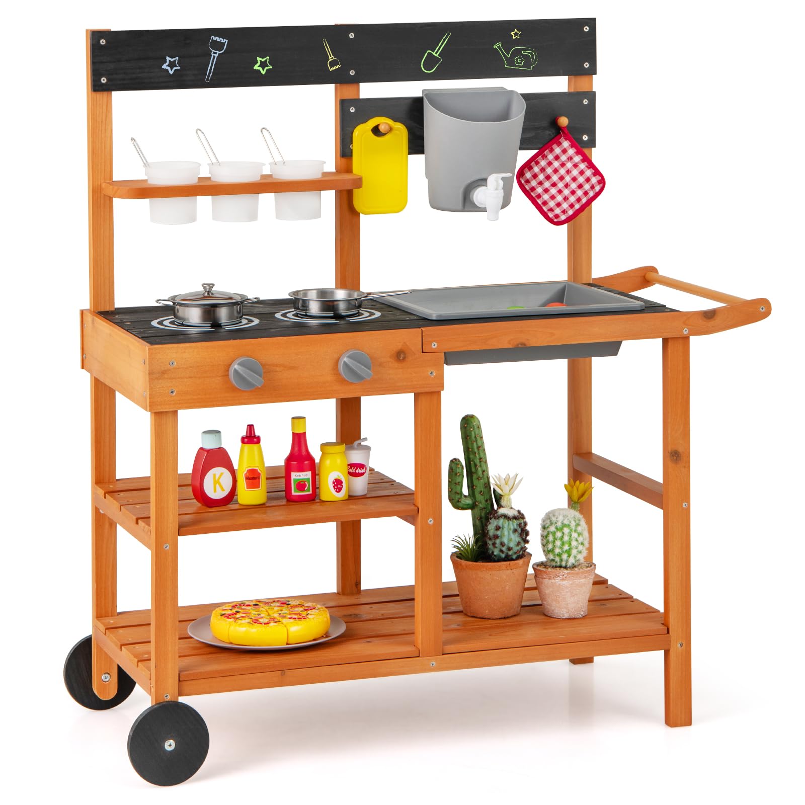 INFANS Mud Kitchen, Outdoor Play Kitchen with Awning Faucet Stoves Cooking Accessories