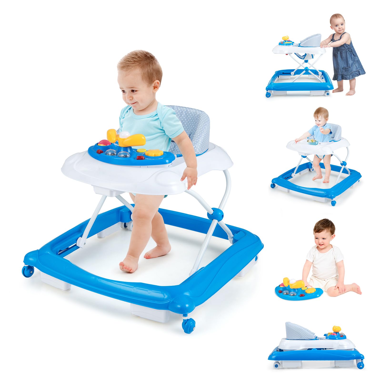 Foldable Baby Walker with 3 Adjustable Heights Comfy Padded Seat Lights and Music Tray