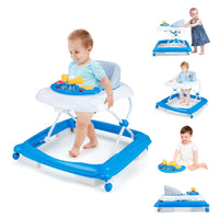 Foldable Baby Walker with 3 Adjustable Heights Comfy Padded Seat Lights and Music Tray