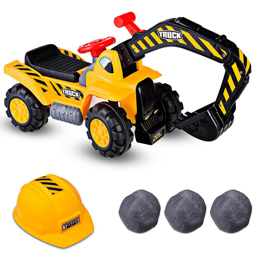 Kids Ride On Excavator, Outdoor Digger Scooper Pulling Cart W/Safety Helmet Horn Underneath Storage