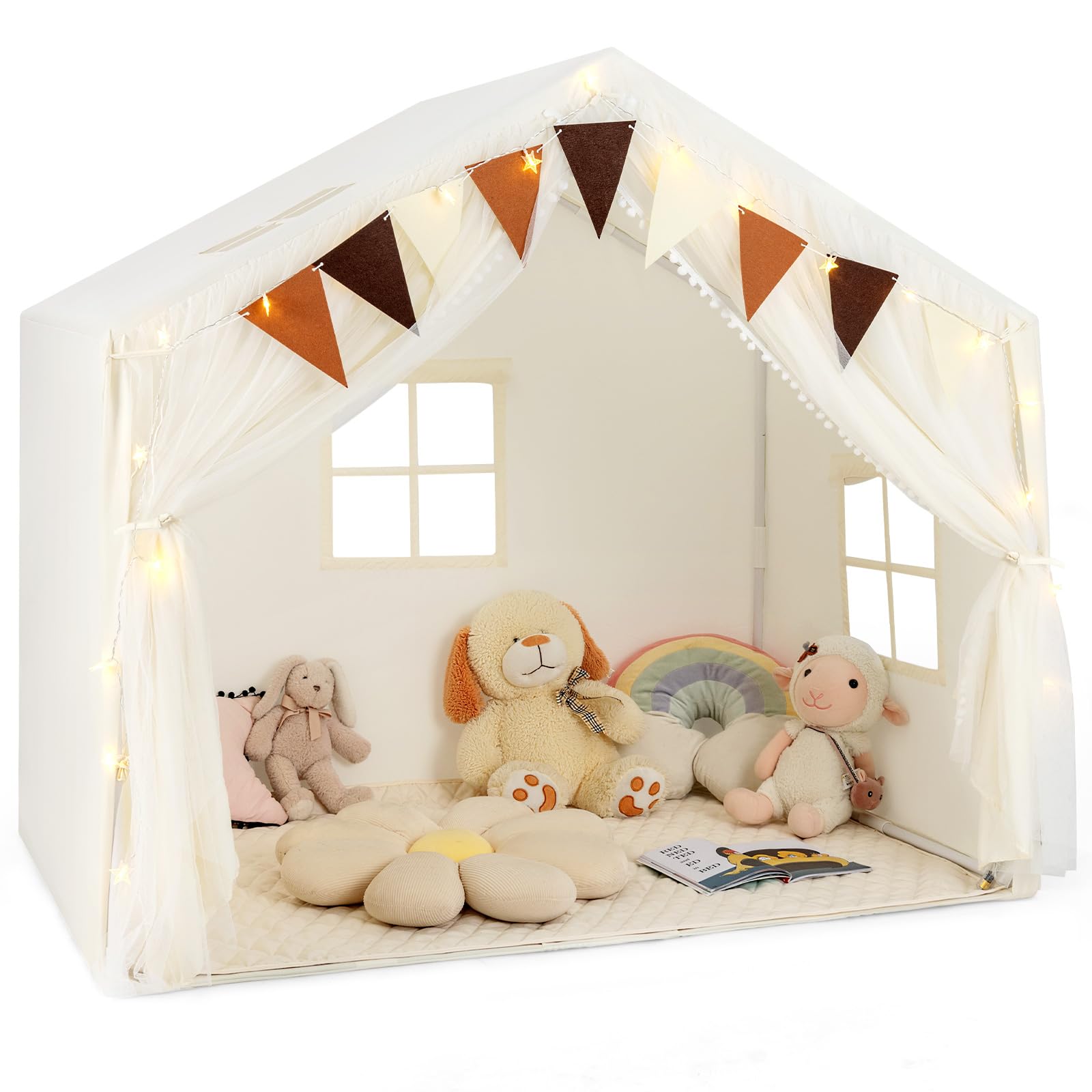 INFANS Kids Play Tent, Large Size Playhouse with Washable Cotton Mat Star Light Windows Plaid Pennants