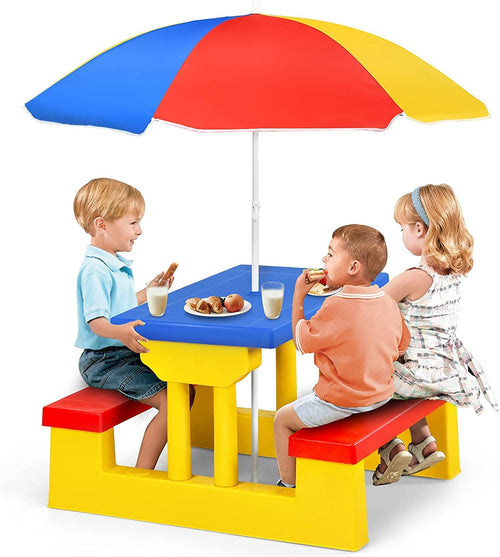 Kids Picnic Table Set, Table Bench Set for Toddlers w/Removable Umbrella