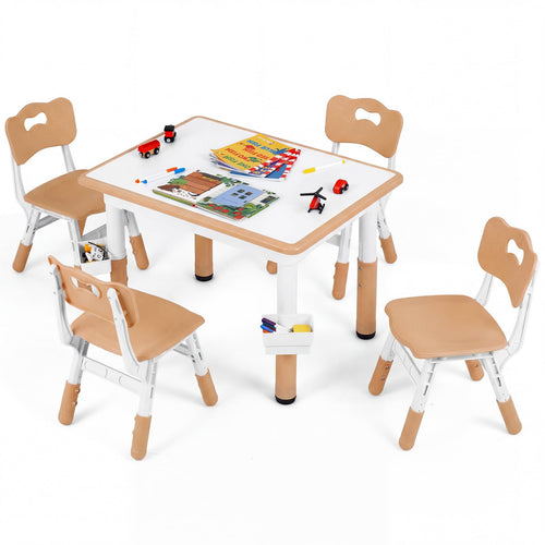 Kids Table and 4 Chairs Set, Height Adjustable Children Activity Desk with Graffiti Desktop 2 Storage Boxes