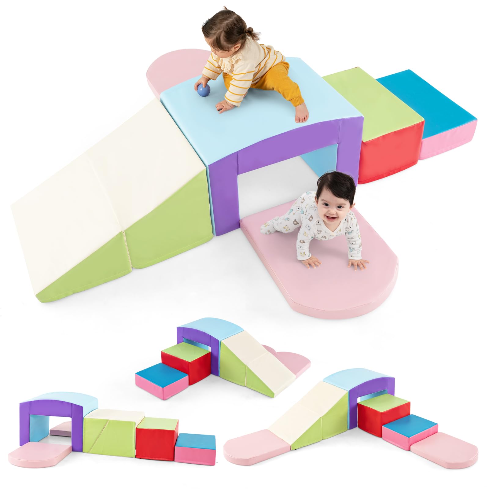 OLAKIDS Climbing Toys for Toddlers, 7 Piece Indoor Baby Foam Blocks Soft Play Set with PU Leather