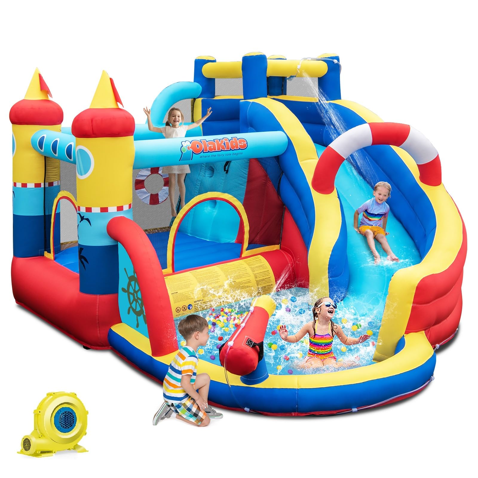 Nautical Themed Bounce House Water Park with Slide, Splash Pool, Climbing Wall, Water Gun, Outdoor Jumping Castle with Hose, Carry Bag, Repairing Kit, Stakes