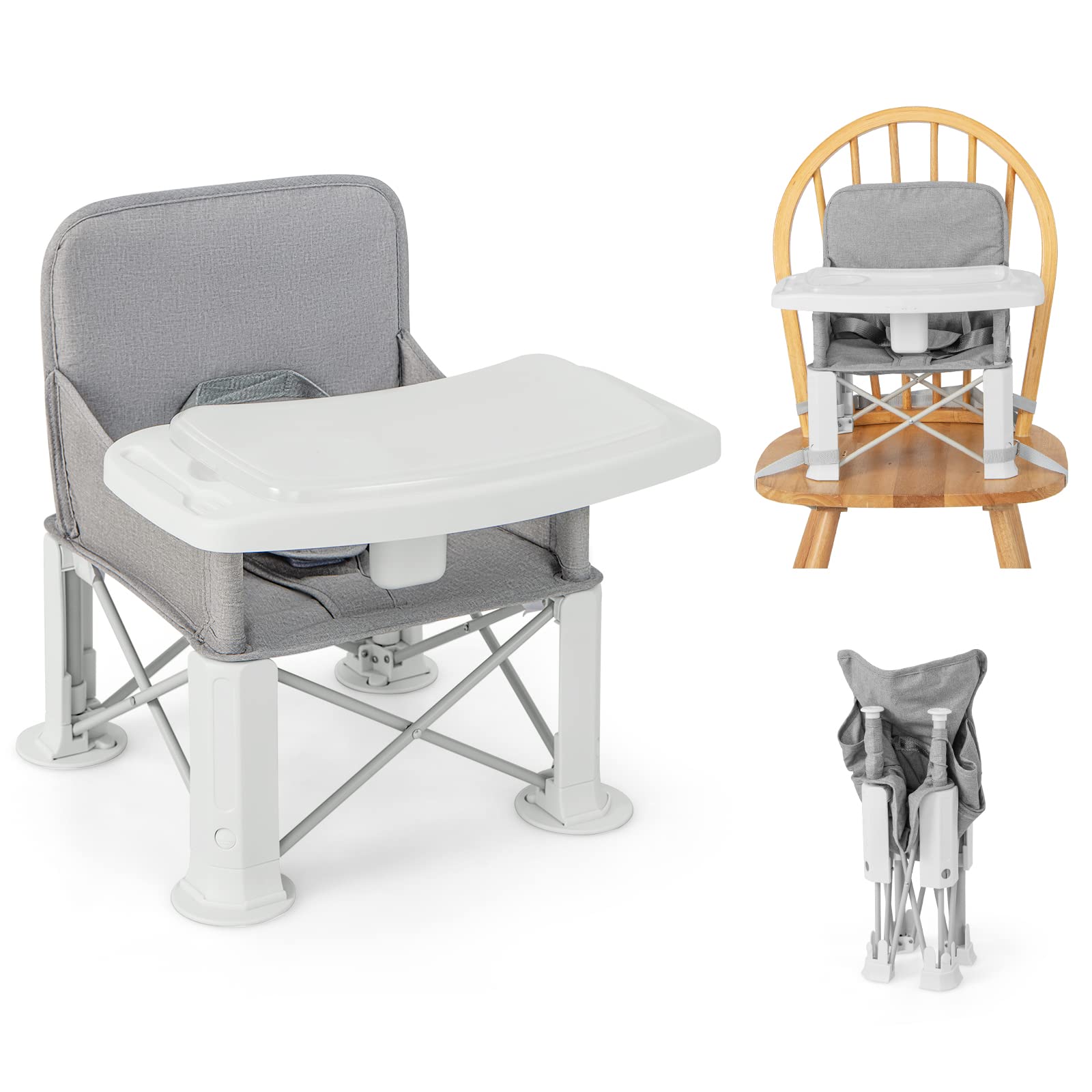 Baby Travel Booster Seat Portable Folding Toddler Floor Dining Chair w/Removable Swivel Double Tray