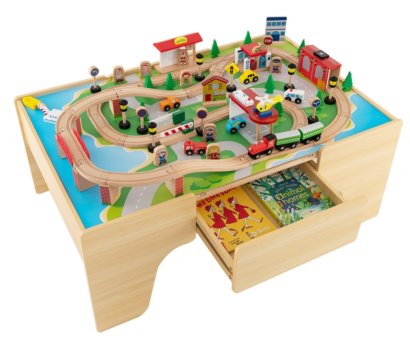 Train Table, 84 Pieces Wooden Kids Activity Toy Table Playset with Reversible Detachable Tabletop