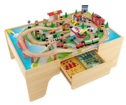 Train Table, 84 Pieces Wooden Kids Activity Toy Table Playset with Reversible Detachable Tabletop