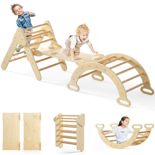 Pikler Triangle Set 7 in 1 Climbing Toys for Toddlers 1-3 Inside Foldable Wood Montessori Jungle Gym