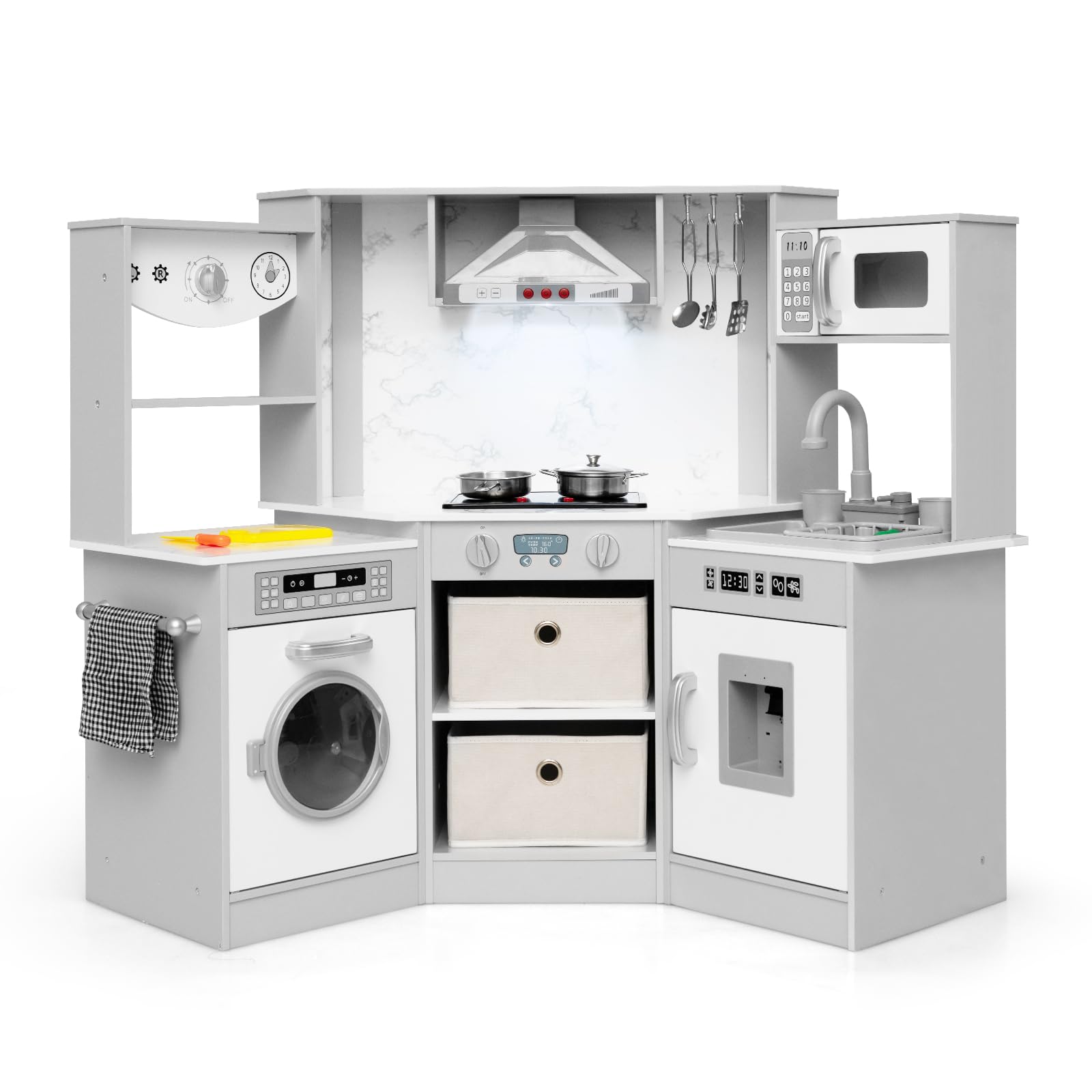 INFANS Corner Kids Kitchen Playset with Real Running Water Circulation Realistic Light Sound Stove Storage Cabinet