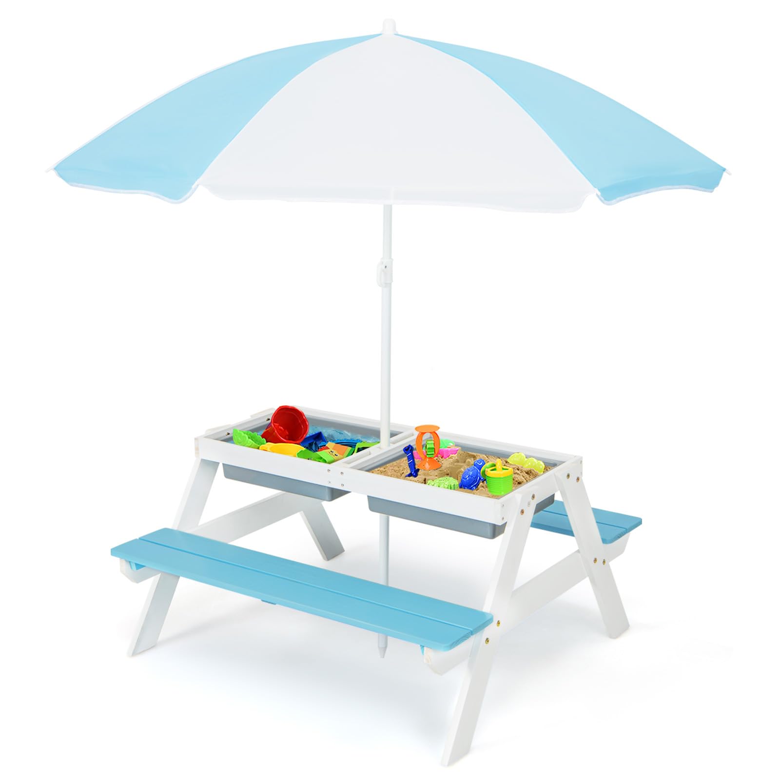 Kids Picnic Table, 3-in-1 Wooden Table & Bench Set w/Removable & Foldable Umbrella for Backyard, Garden