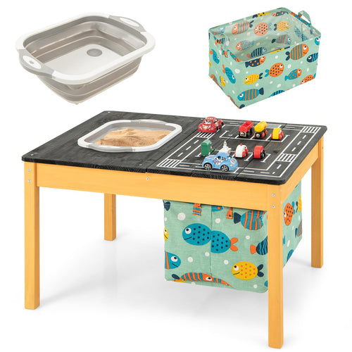 4-in-1 Kids Activity Table, Children Wooden Sensory Table Indoor Outdoor Play Study Desk w/Foldable Storage Bin