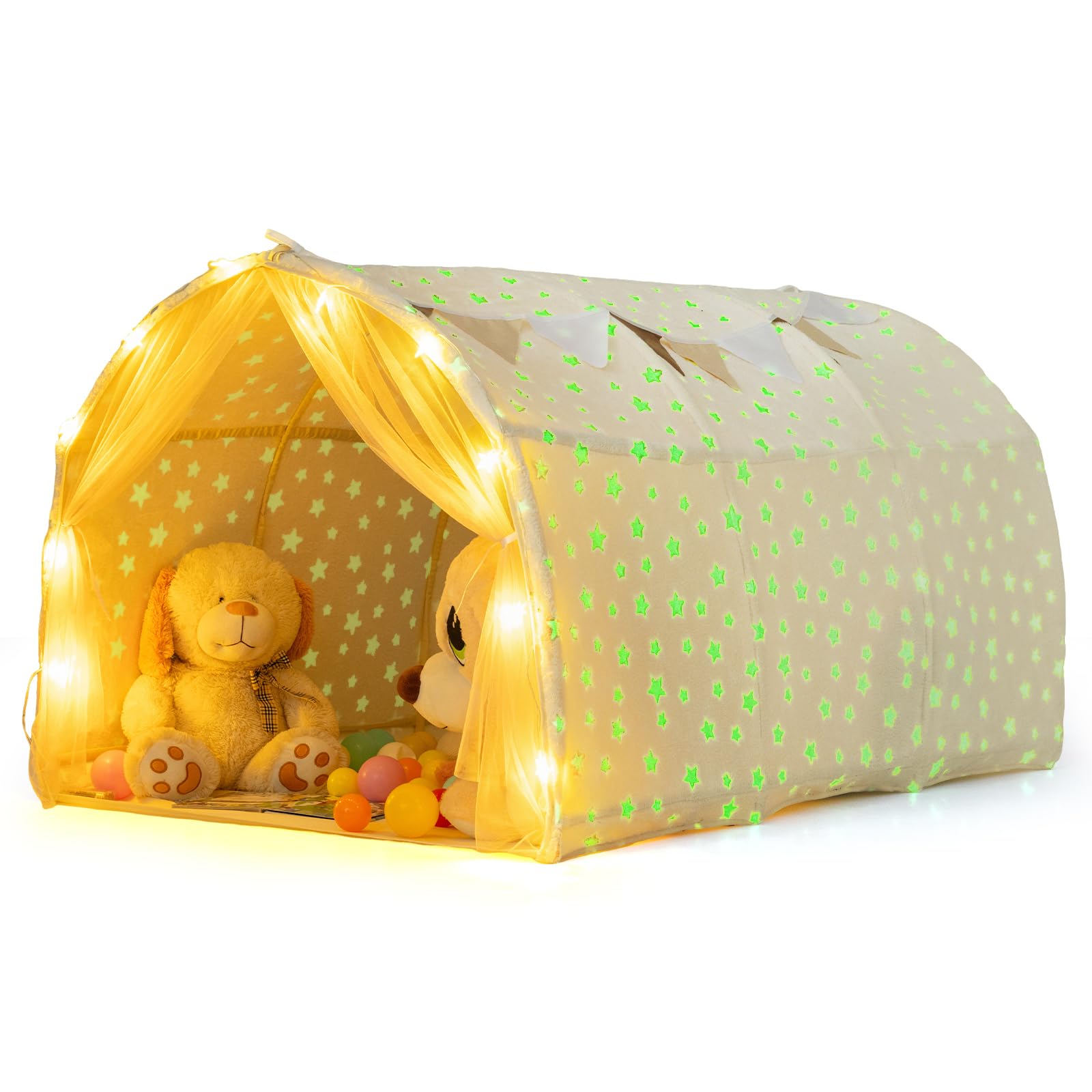 INFANS Kids Bed Tent with Glow in The Dark, Portable Children Playhouse Privacy Space Twin with Mat