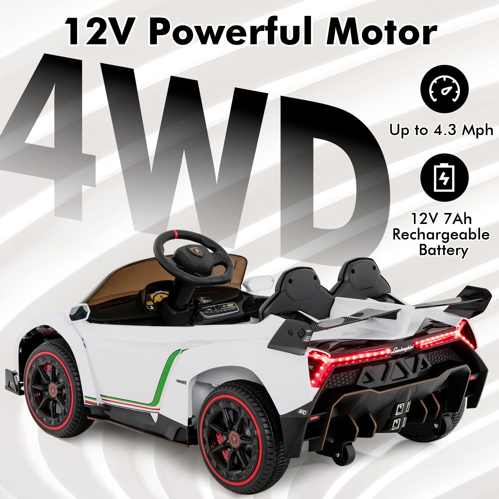 12V 4WD Licensed Lamborghini Veneno Powered Electric Vehicle with Hydraulic Doors, Rocking Mode, Adjustable Speeds, Remote Control, MP3, Headlight
