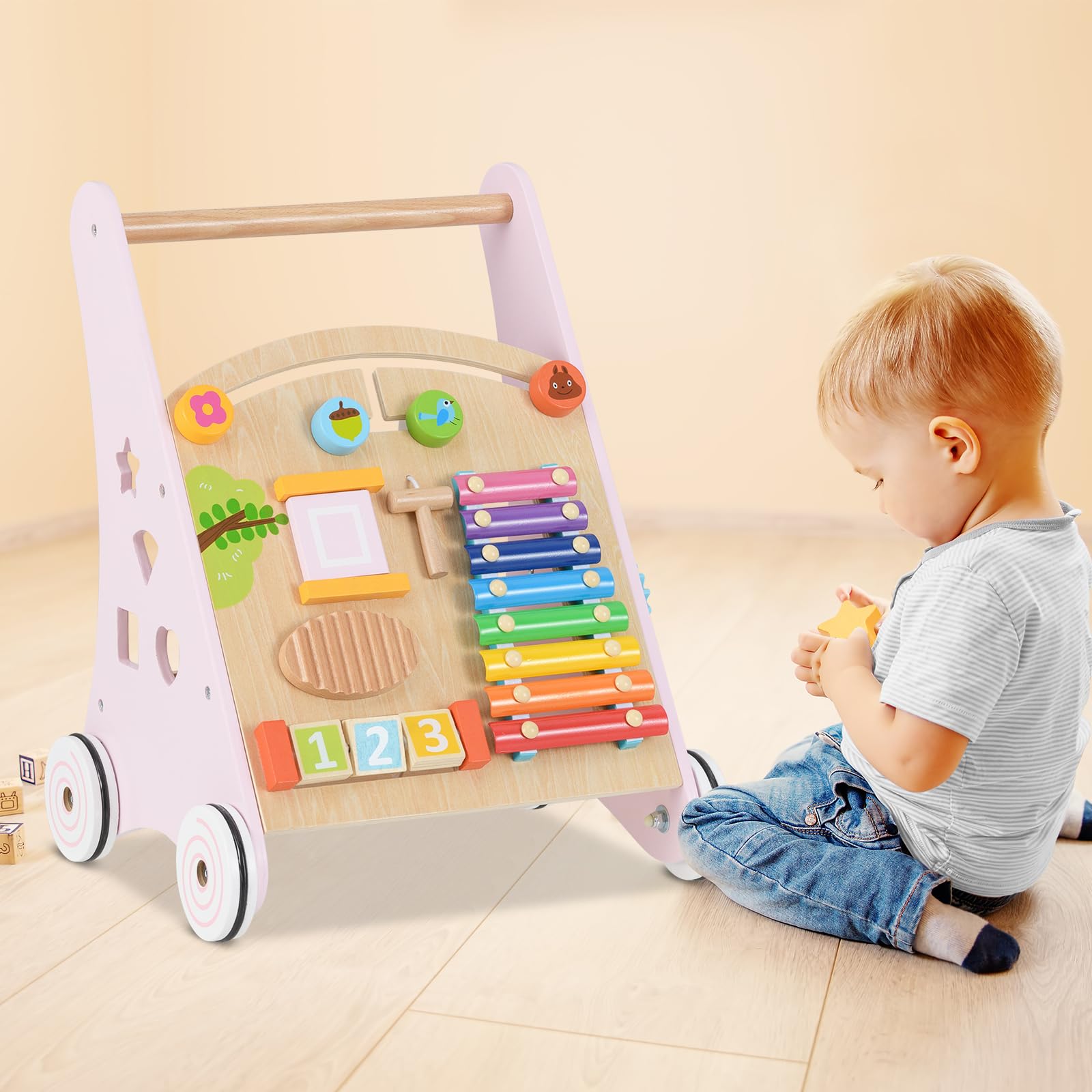 INFANS Wooden Baby Walker, Montessori Walker with Multiple Activity Toys