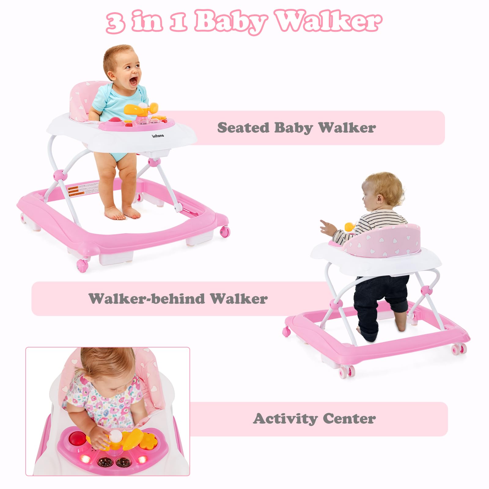 Foldable Baby Walker, 3 in 1 Toddler Walker Leaning-Seated Walk-Behind with Removable Music Tray