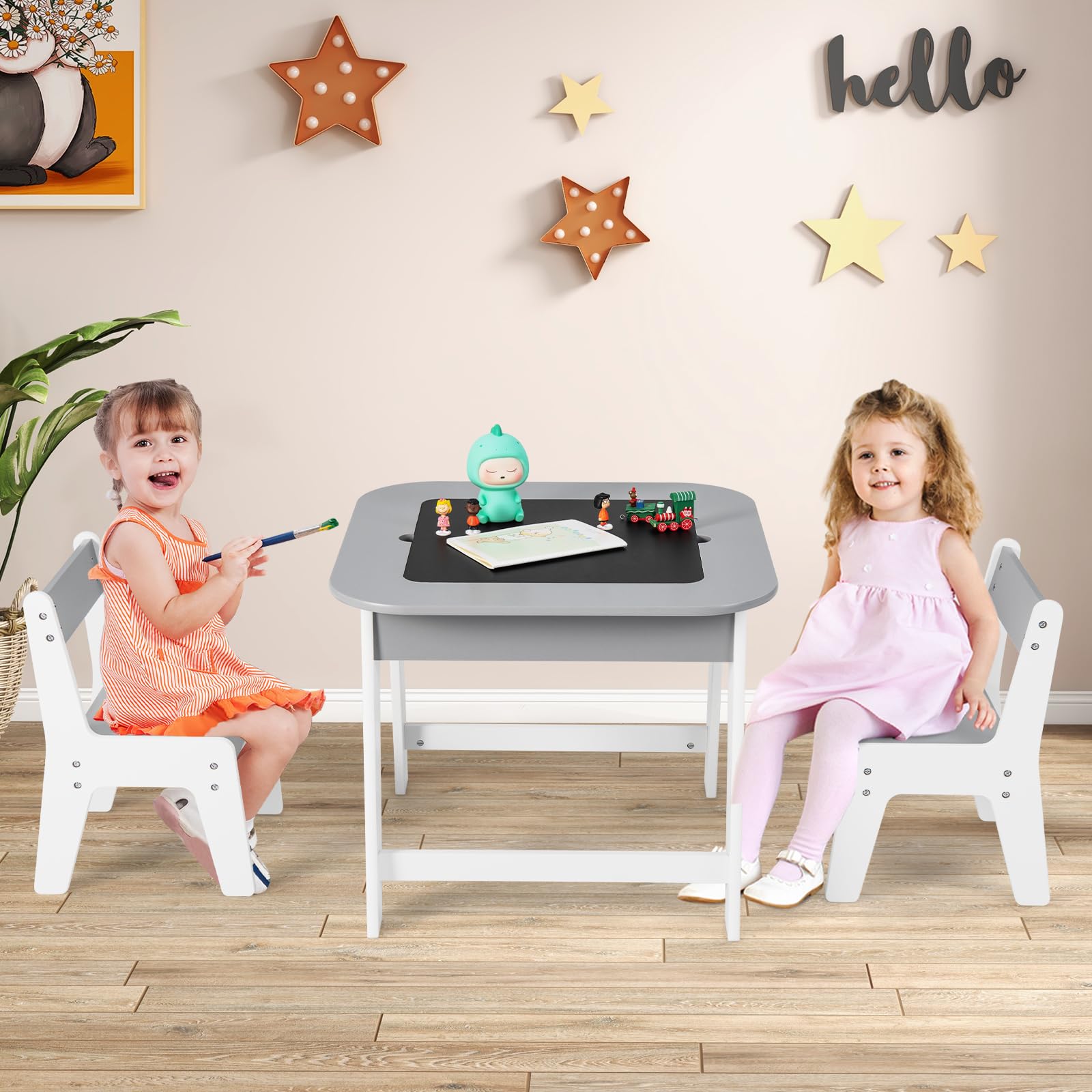 INFANS Kids Table and Chair Set, 3 in 1 Wooden Activity Table with Removable Blackboard and Whiteboard