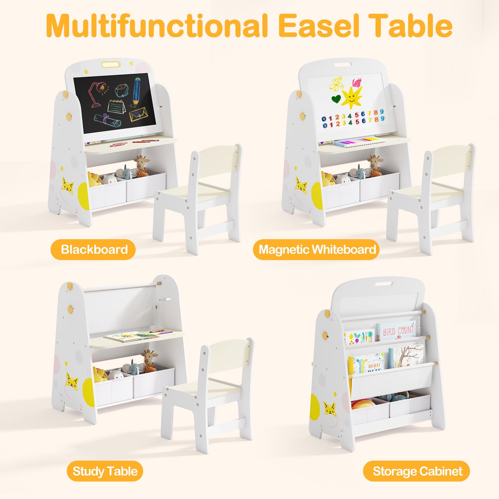 Easel for Kids with Stool, 4-in-1 Double-Sided Adjustable Magnetic Chalkboard with Paper Roll
