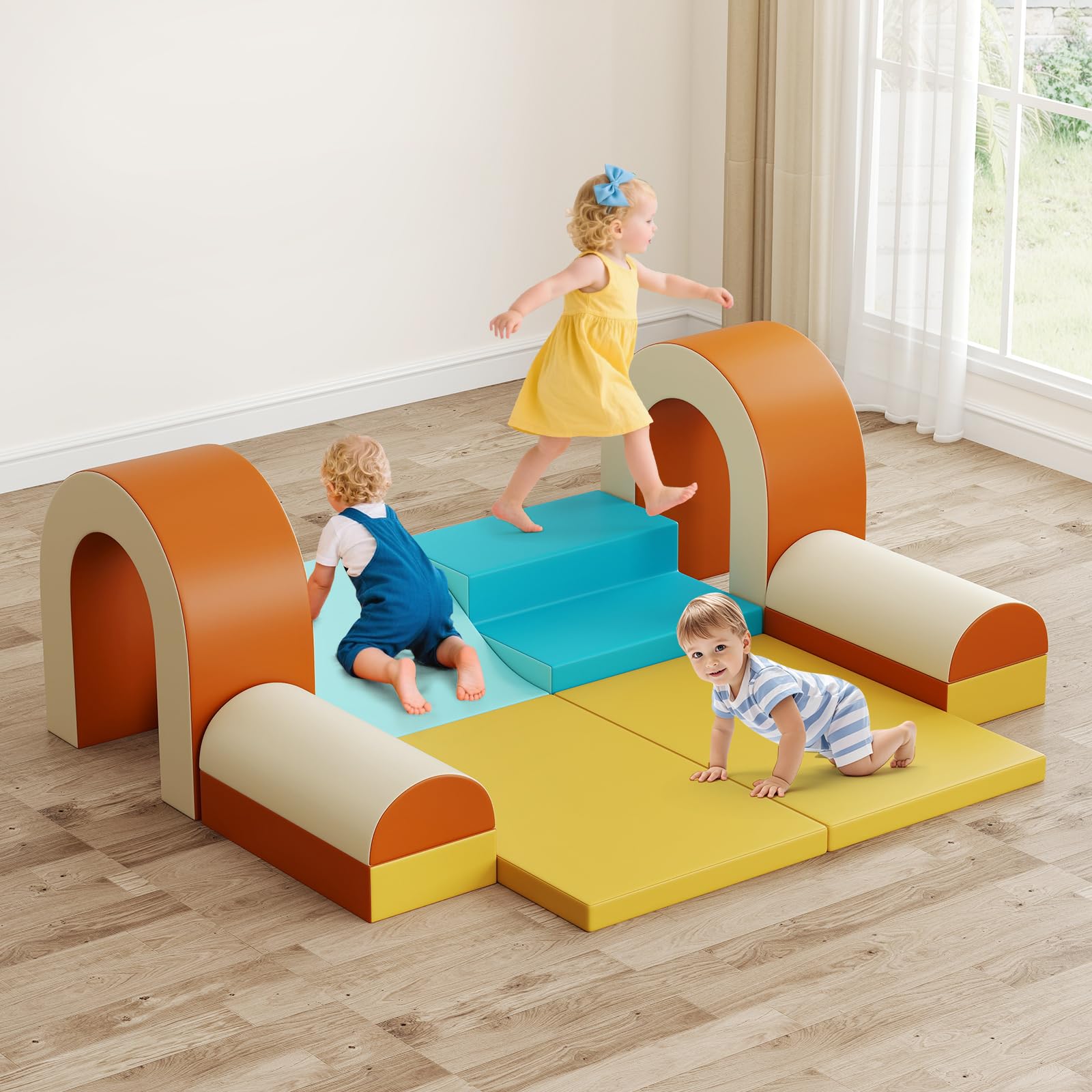 Toddler Climbing Toys Indoor, 10 Pieces Baby Foam Blocks Soft Play Set with PU Leather